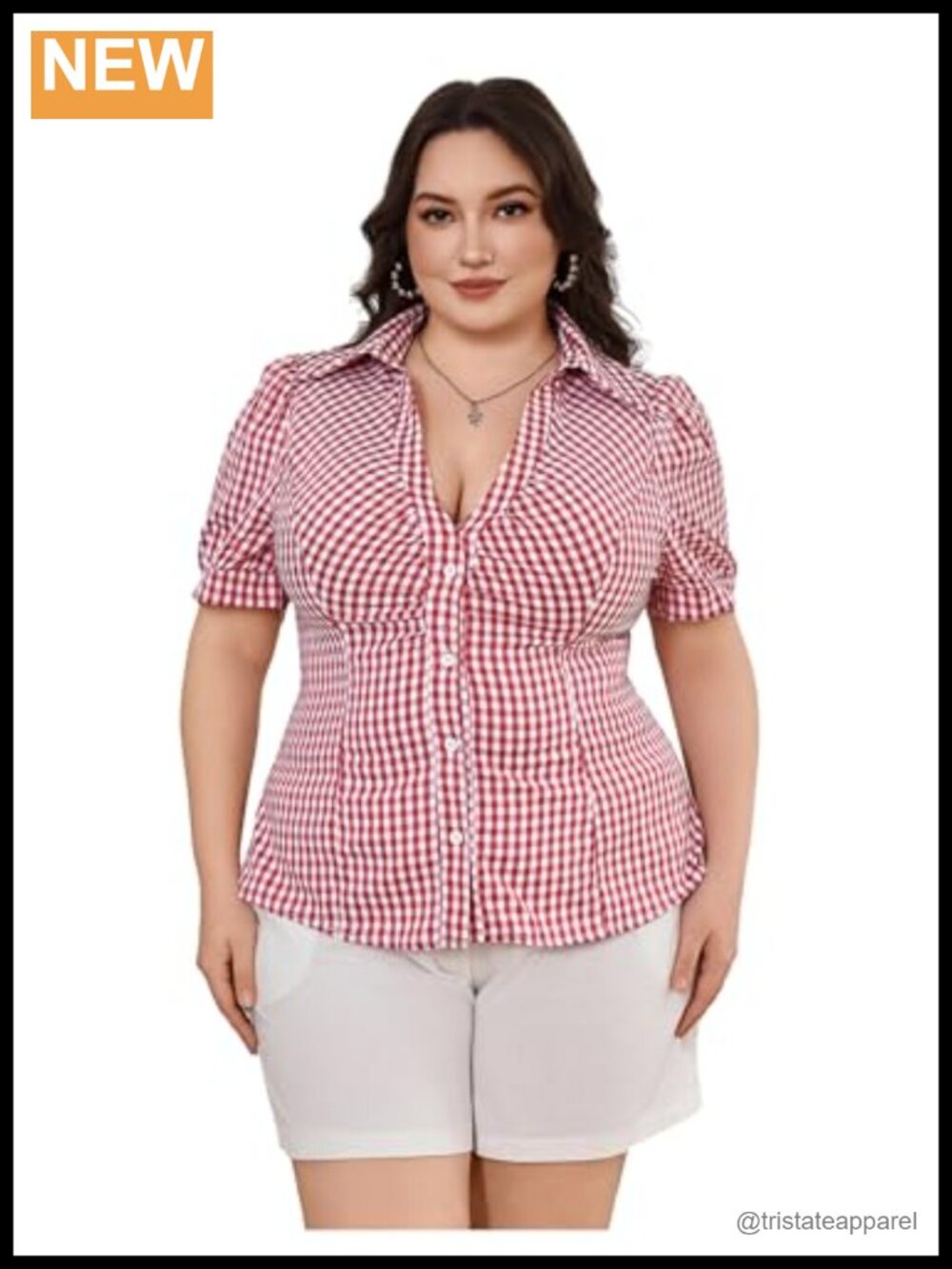 Plus Size Puff Sleeve Gingham Plaid Button Down Ruched Y2K Crop Top Blouse